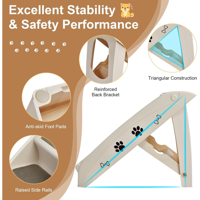 Сходинка для тварин SOARS, 4-ступенева, для собак та котів, з килимком з повсті, до 60 кг, антиковзаюча, для ліжка, авто, дивана (Бежевий)