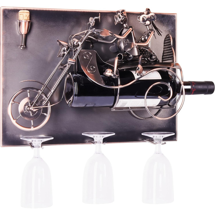 BRUBAKER Motorcycle Wine Bottle Holder Set - Wall Art Picture Metal - with 3 Glass Holders - including Greeting Card for Wine Gift