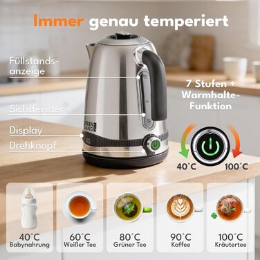 Чайник електричний LEBENLANG з нержавіючої сталі з регулюванням температури, тихий, з дисплеєм та функцією підтримання тепла - 1,7 л, 2200W, ретро без пластику