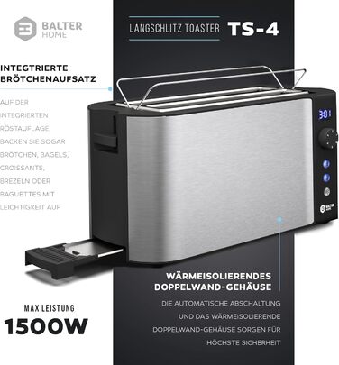 Тостер Balter TS-04-LCD на 4 тости, довга щілина, нержавіюча сталь, підставка для булочок, LCD-дисплей з таймером, функція розморожування, центрування хліба, піддон для крихт, колір сріблястий