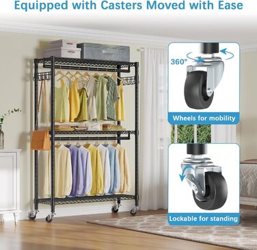 ALKNOT Clothes Rack, Garment Rod, Rolling Clothes Rack, Rolling Garment Rod, Stable Clothes Rack, Clothes Rack with Wheels 90x43.5x180cm, Load Capacity 100kg