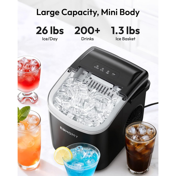 EUHOMY Ice Maker - портативний льодогенератор для дому, кухні, кемпінгу, RV. Швидке приготування (9 кубиків за 6 хв), 12 кг на день, самоочищення, з кошиком та лопаткою.