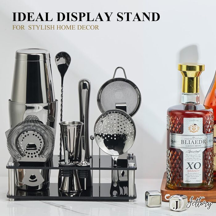 Набір шейкерів Boston - 16 предметів, нержавіюча сталь з акриловою основою, сито, щипці для льоду, барна ложка, мірний стакан, мадлер, виливний носик та шпажки для коктейлів (чорний)