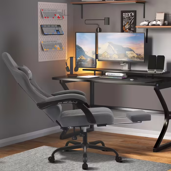 WOLTU Gaming Chair with Massage Function, Computer Chair with Pocket Spring Cushion, Ergonomic Gamer Recliner, Swivel Chair with Headrest, Lumbar Pillow, Footrest, 150 kg, Tech Fabric, Grey + Yellow, GS07gr Grey Tech Fabric
