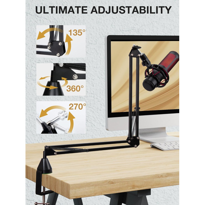 SUNMON Тримач для мікрофону HyperX QuadCast та інших - регульований кріплення для мікрофону з кабелеутримувачем, адаптер 3/8' - 5/8' для Blue Yeti, Fifine, Seiren