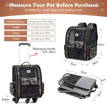 Рюкзак-переноска для котів та собак з візком 2-в-1, розширюваний, до 8 кг, камуфляж L