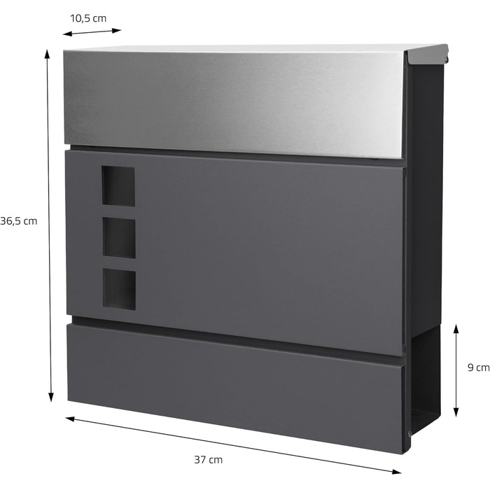 Поштова скринька настінна ECD Germany з газетницею, антрацит/срібло, 37x10.5x36.5 см, нержавіюча сталь, вікно огляду, 2 ключі, кріплення. Сучасний дизайн.