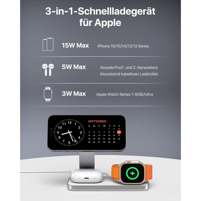 Зарядна станція Inductive QTlier 3-в-1 для iPhone 15/14/13/12, Apple Watch та AirPods, 30W Wireless Charging