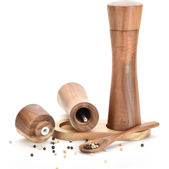 figg Salt and Pepper Grinder Wood Large (20 cm) - Set - Spice Grinder with Ceramic Grinder including Wooden Spoon and Wooden Coaster - Suitable as Pepper and Salt Grinder