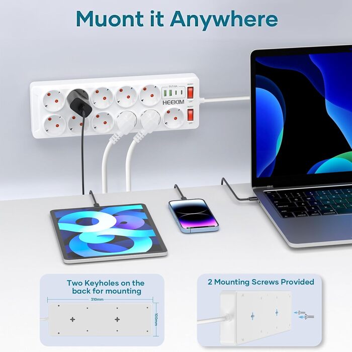 Многофункціональна мережева планка з USB, 11 розеток, вимикач, 2 USB-A та 2 USB-C порти, 4000W, 16A, 2 вимикачі, 2м кабель - білий