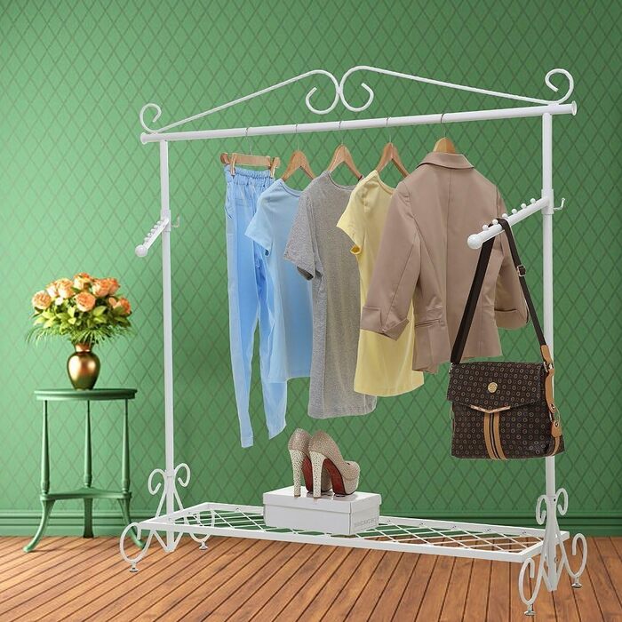 Clothes Rack Clothes Rail Coat Rack with Shoe Shelf, Width 136cm, Vintage Style Metal, Height Adjustable from 126 to 200 cm (White)