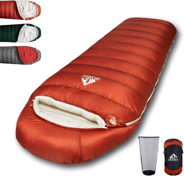 Спальний мішок для дорослих з пухом, 680FP, Outdoor, зимовий, для кемпінгу, походів та подорожей, з компресійним мішком. -10°C, сірий (-4°C, червоний)