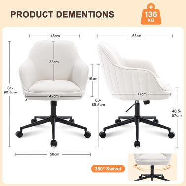 Офісний стілець для дому та офісу до 136 кг, обертовий, оксамит, з підлокітниками та колесами, ергономічний, білий