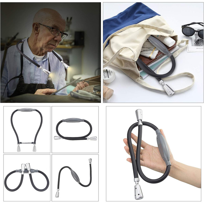 Ліхтар LED для читання BIGLIGHT на шиї, гнучкий, акумуляторний, з регульованою яскравістю, сріблястий