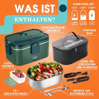 Електрична ланчбокс Travelissimo XXL 1.8л, 100W, 3-в-1, для авто/вантажівки, 12V/24V/220V, підігрів їжі, темно-зелений