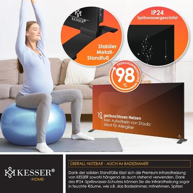 Інфрачервовий обігрівач KESSER 600W з функцією 2в1: підлоговий та настінний. Енергозберігаючий склокерамічний обігрівач з термостатом, пультом дистанційного керування та керуванням через додаток. Чорний колір.