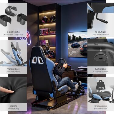 Ігровий симулятор Sim Racing Cockpit tectake® для Fanatec, Logitech, Thrustmaster, регульоване гоночне крісло GT-Style, сталевий каркас, до 120 кг (Чорний/Лазурний)