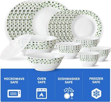 Набір посуду Larah, 35 предметів: тарілки, миски, кришки, ложки, сервіз на 6 осіб, о pal, міцний, легкий, для мікрохвильовки та посудомийної машини, білий з зеленими квітами