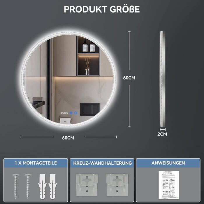 Дзеркало для ванної кімнати YOURLITE з підсвічуванням, 60 см, LED, сенсорне керування, 3 кольори, регулювання яскравості, протизапітніння, функція пам'яті, годинник, білий (сріблястий)