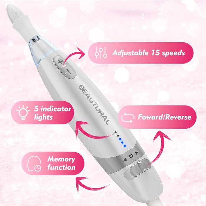 Набір для манікюру та педикюру Beautural, електричний фрезер для нігтів з LED-підсвічуванням, 10 насадок, для догляду за руками та ногами