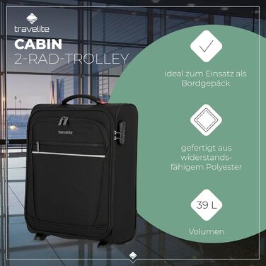 Чемодан-валіза Travelite, 52 см, 39 літрів, чорний. Валіза ручної поклажі з замком, 2 колеса