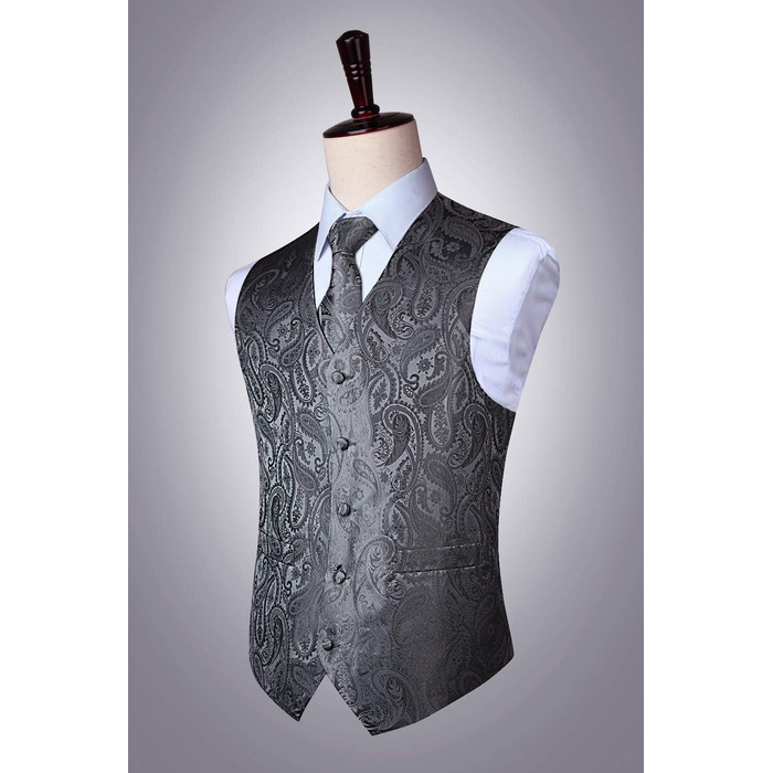 Костюмний жилет для чоловіків Enlision на весілля з патерном пейслі, жилет та краватка, нагрудна хустинка, квітковий жакард, сірий, розмір M