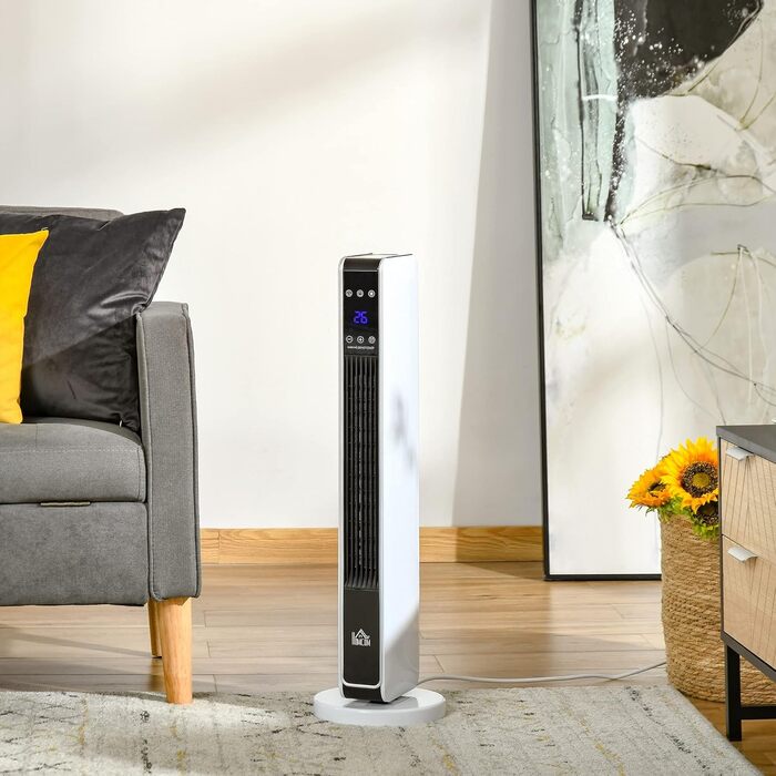 Електричний обігрівач HOMCOM 2200W – керамічний нагрівальний тумба з пультом, таймером та осциляцією, білий+чорний, 21 x 21 x 73 см