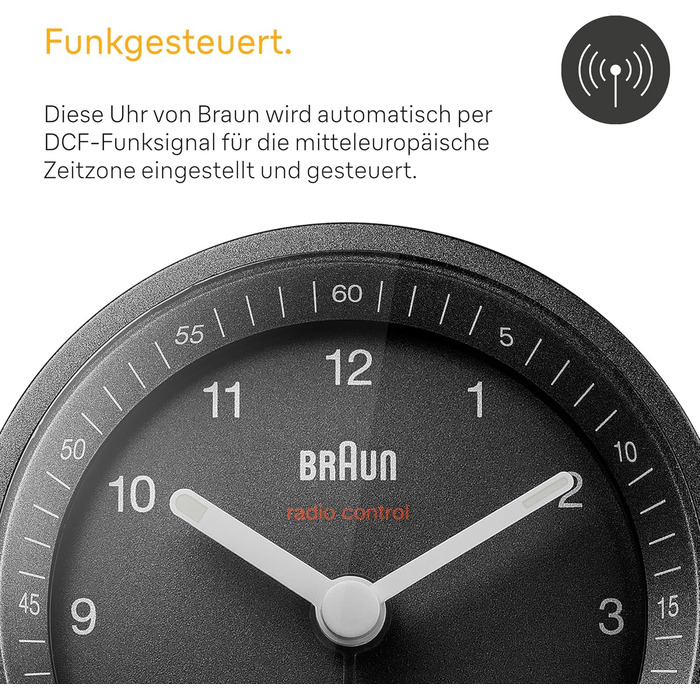 Classic analog radio alarm clock by Braun for the Central European Time Zone (CET/GMT+1) with snooze function and light, quiet movement, crescendo alarm in black, model BC07B-DCF