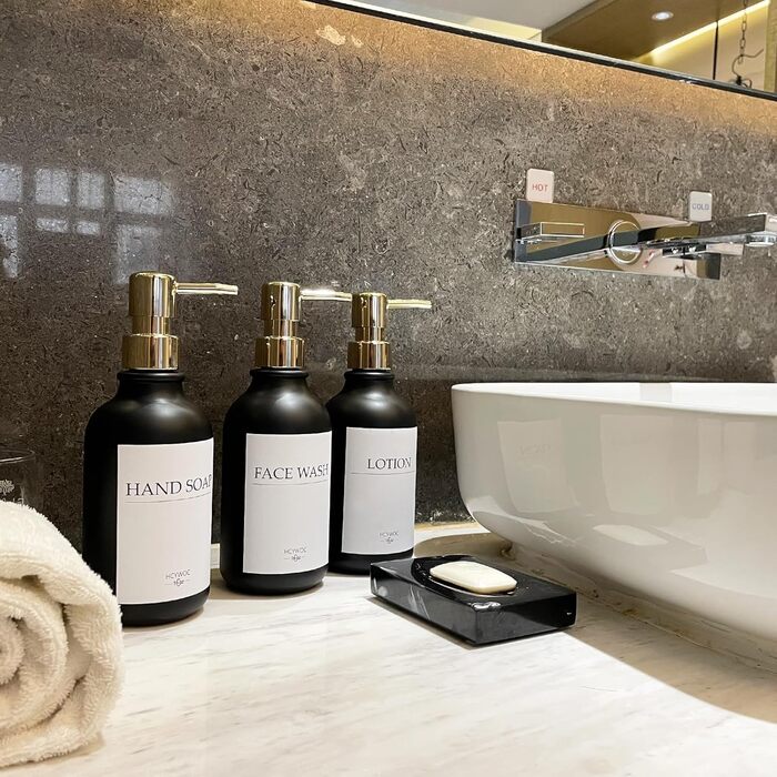 Набір дозаторів для мила та шампуню на стіну, 500 мл, 3 шт., без свердління, янтарний колір (чорна пляшка + золотий насос)