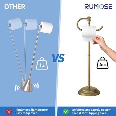 Тримач туалетного паперу на підлогу RUMOSE, античне латунь, регульований (31,5-57,9 см), з полицею для зберігання, нержавіюча сталь