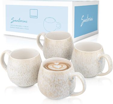 Набір чашок SÄNGER Santorini: 4 чашки з каменю, 300 мл, ручна робота, для кави та чаю, набір для 4 осіб, кремового кольору з пісочною текстурою, PREMIUM COLLECTION, стійкі до миття в посудомийній машині