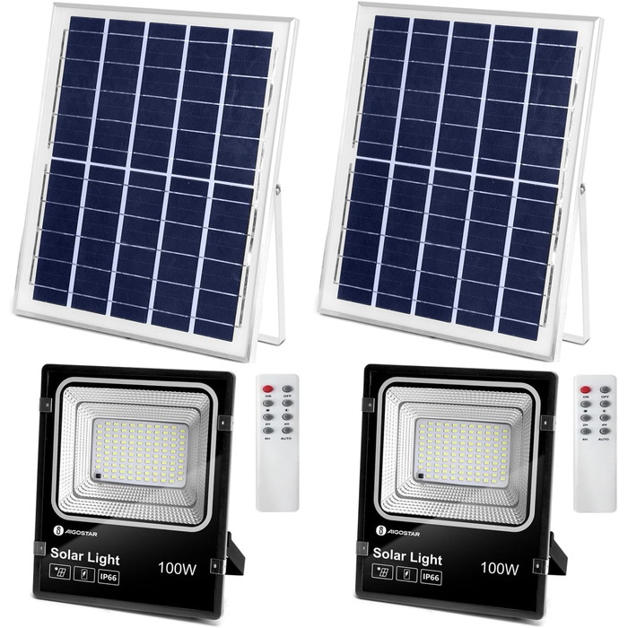 Aigostar 50W Solar Flood Light Outdoor, Super Bright LED Floodlight with Solar Panel, Cool White 6500K, IP66 Protection Rating Solar Spotlight Searchlight Outdoor Spotlight for Garden, Door, Yard, Garage, etc., 2 Pack (100 Watt)