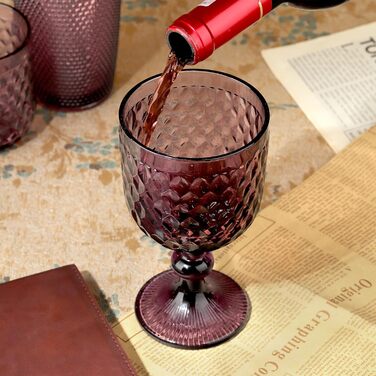 Joeyan 350ml Violet Vintage Wine Glasses with Diamond Embossed Design, Colorful Goblet Glasses Wine Goblet Set for Wine Juice Drinks, Set of 4 Retro Glasses with Stem, Dishwasher Safe