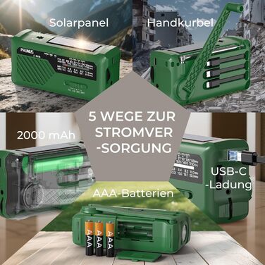 Радіо PRUNUS J-366 FM/AM/SW з ручним заводом, акумулятором 2000mAh та функцією зарядки телефону - аварійне радіо з ліхтариком, SOS сигналом, для подорожів, чорне/зелене