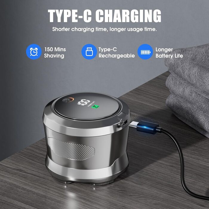 Електричний голковий бритва RealPlus для чоловіків з гладкою головою, IPX7 водонепроникний, з LED-дисплеєм, USB-C, час роботи 150 хв