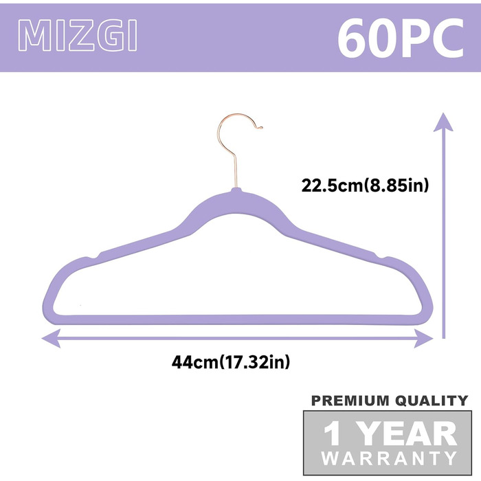 Набір велюрових плечиків для одягу MIZGI (60 шт.), міцні, антиковзні, велюр, гачки кольору міді/рожевого золота, економія місця, універсальний розмір (світло-фіолетовий/рожеве золото)
