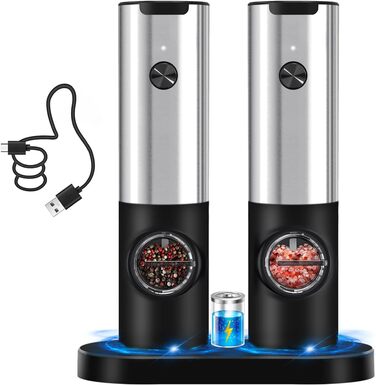 Electric Salt and Pepper Grinder Set, Rechargeable, USB Charging Station, Automatic Pepper and Salt Grinder Spice Grinder Refillable, One-Hand Operation, Adjustable Coarseness, LED Light