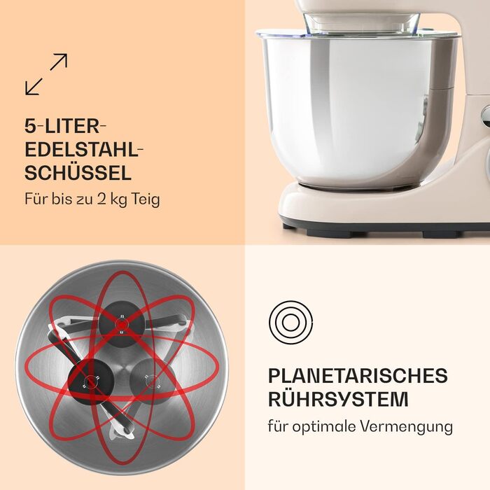 Klarstein Kitchen Machine - 1300W Stand Mixer with 6 Speed Settings, Dough Hook, Whisk & Beater, 5L Bowl, Planetary Mixing System, for Bread Dough & Baking - Cream Color