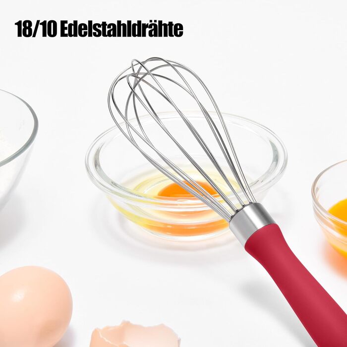 Міксер ручний Doosu 28 см з нержавіючої сталі, 8 гнучких дротів для збивання, перемішування та приготування їжі (червоний)