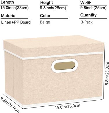 Yawinhe 3-Piece Storage Boxes with Lids, Foldable Fabric Box with Handles, Storage Boxes, for Bedroom, Clothes Storage, 32x23x20cm, SNK023G-3 (38x25x25cm/3-Pack, Beige)