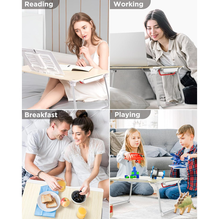 SAIJI Стіл-таблетка для ноутбука, розкладний XXL, з ящиком та підставкою для книг/телефону (65 x 49 x 30 см, Light Teak)