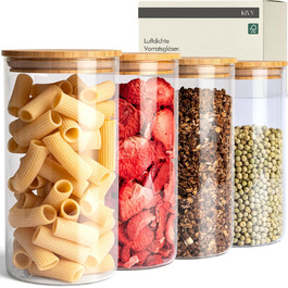 Скляні контейнери для зберігання KIVY з кришкою, 4 шт по 1200 мл - герметичні банки для продуктів, контейнери для кухні з бамбуковою кришкою
