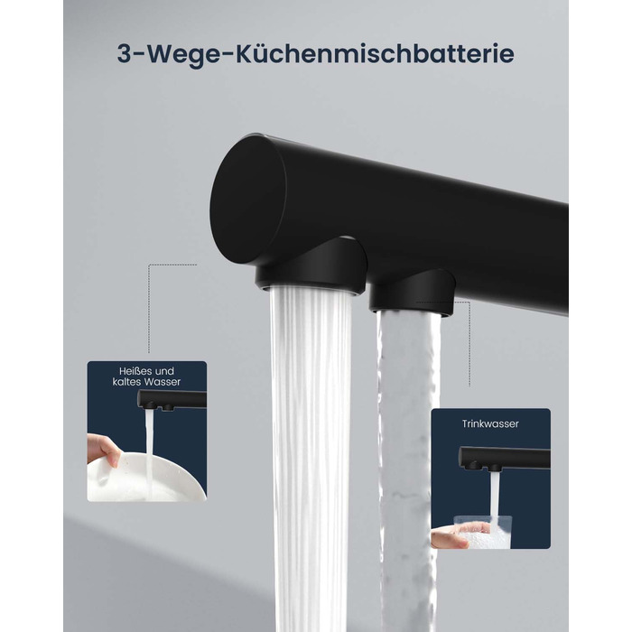 Кран кухонний APPASO 3-в-1 чорного кольору, з трьома виходами, для фільтрації води, поворотний на 360°, з двома важелями, з нержавіючої сталі