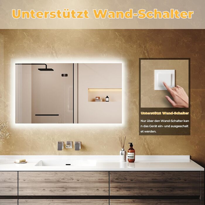 Дзеркало для ванної кімнати з підсвічуванням 60x50x3,5 см, LED, 6400K, холодний білий, економія енергії, вертикальне/горизонтальне кріплення, вимикач на стіні, матові краї