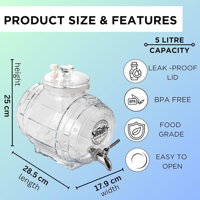 Smiths Mason Jars 5L Refrigerator Water Dispenser with Steel Tap and Glass Lid - Easy pouring with metal tap and space-saving design - ideal for infused waters and juices