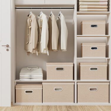 Yawinhe 3-Piece Storage Boxes with Lids, Foldable Fabric Box with Handles, Storage Boxes, for Bedroom, Clothes Storage, 32x23x20cm, SNK023G-3 (32x23x20cm/3-Pack, Beige)