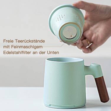 ZENS Teacup with Lid and Infuser, 360 ml Wooden Handle Teacup with Tea Strainer and Lid for Loose Leaf Tea, Matte Ceramic Teacups Gifts for Tea Lovers, Hand-Sprayed Light Green Glaze