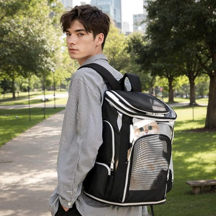 Рюкзак для кота та собаки: зручний та легкий для подорожей та прогулянок (до 9 кг), з сіткою та мискою, чорний