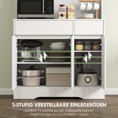 HOMCOM Kitchen Cabinet Buffet with Countertop, 6 Doors, Tall Cabinet with Adjustable Shelves, Cable Holes, Microwave Cabinet Modern Storage Cabinet, White, 100 x 38 x 180 cm | Aosom