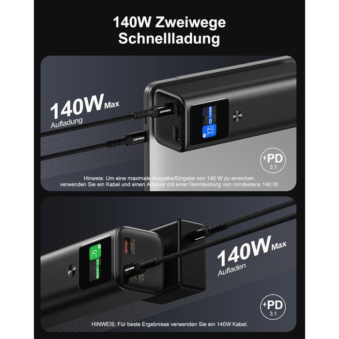 Power Bank AsperX 20000mAh, 165W, USB-C Кабель, для MacBook, Dell, HP, Lenovo, iPad, iPhone, Galaxy